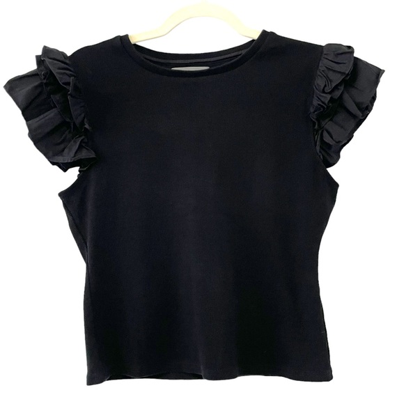 Anthropologie Tops - Anthropologie Black Flounce Ribbed Cropped Shortsleeve Ruffle Top Size Medium